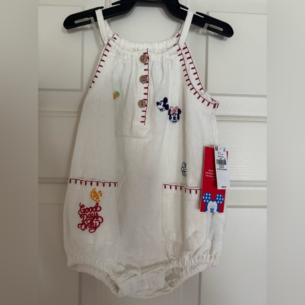 Disney White Minnie & Mickey Embroidered Baby One-Piece